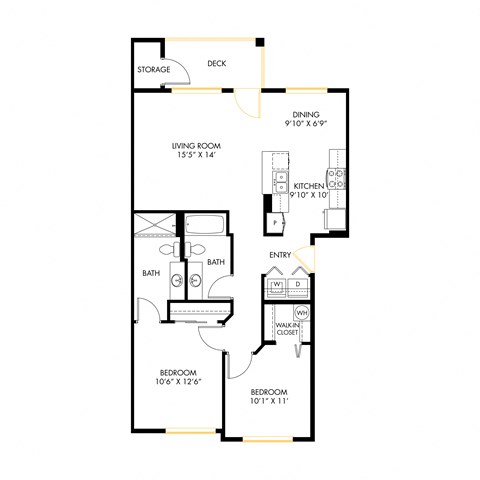 Floor plan for 2 beds, 2 baths, 978 sqft